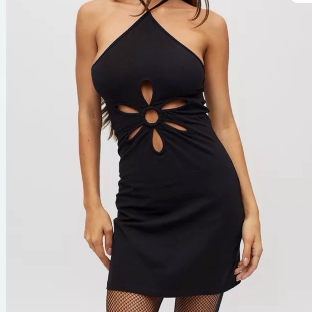 Urban Outfitters Black Cutout Halter Mini Dress with Floral Ring Detail